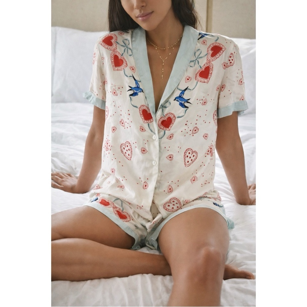 Anthropologie LyleBird Silky Heart Bird Pajama Shirt